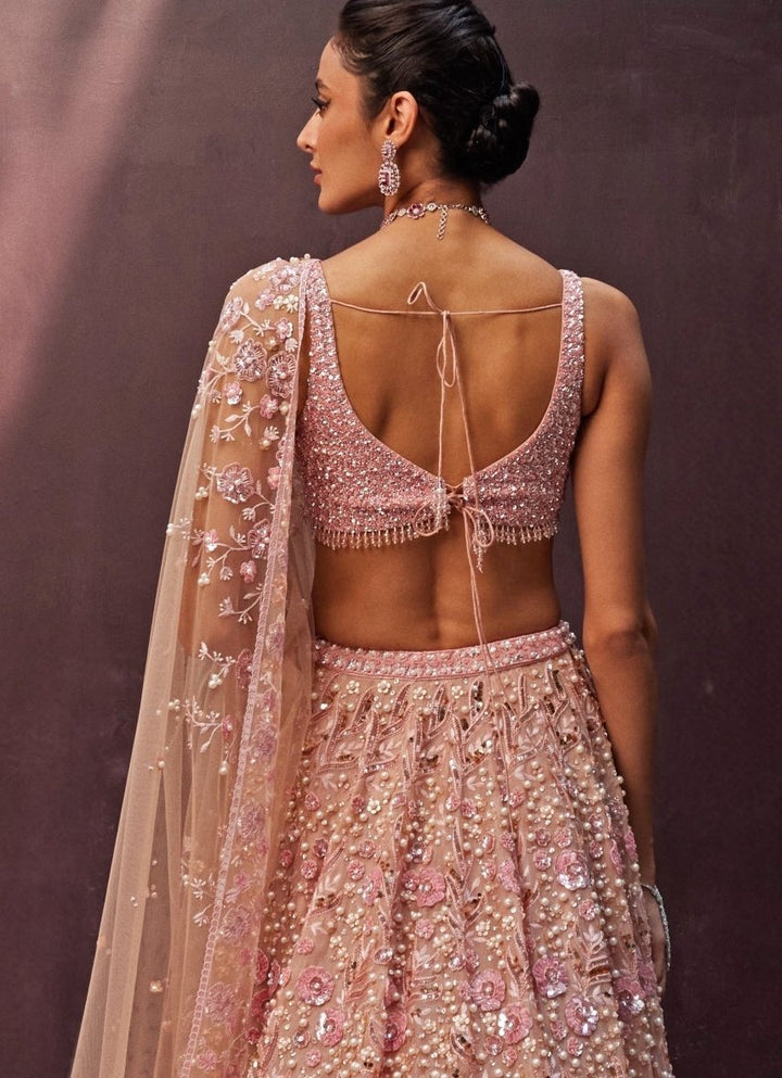Blush Pink Embroidered Organza Lehenga Set Prevasu - Fabilicious Fashion
