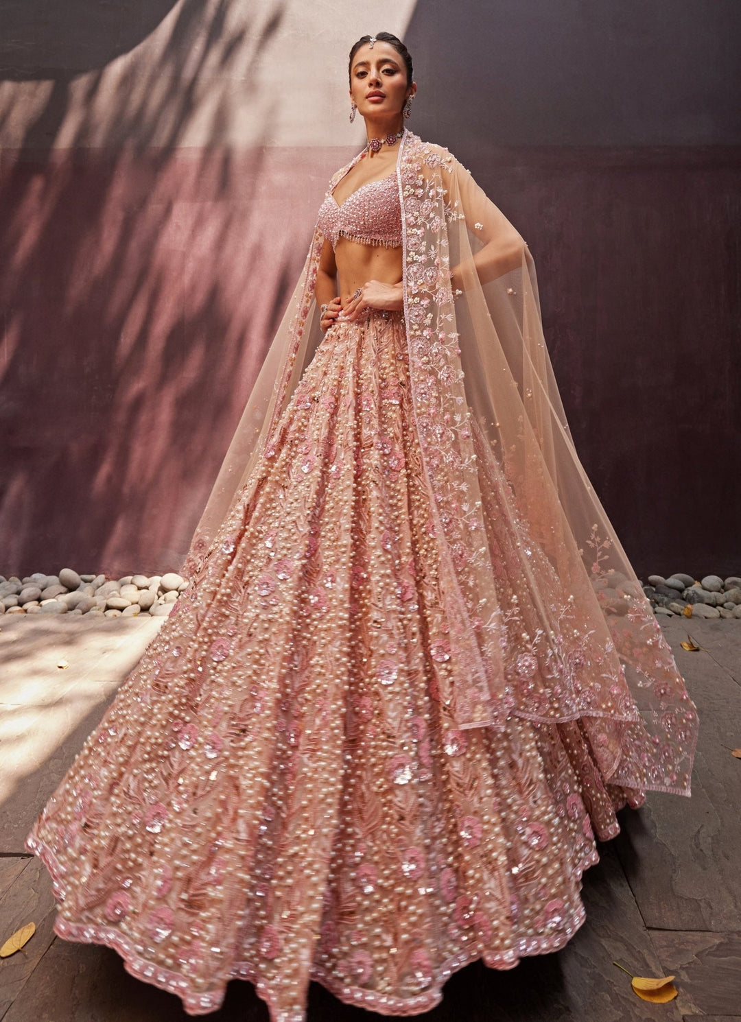 Blush Pink Embroidered Organza Lehenga Set Prevasu - Fabilicious Fashion