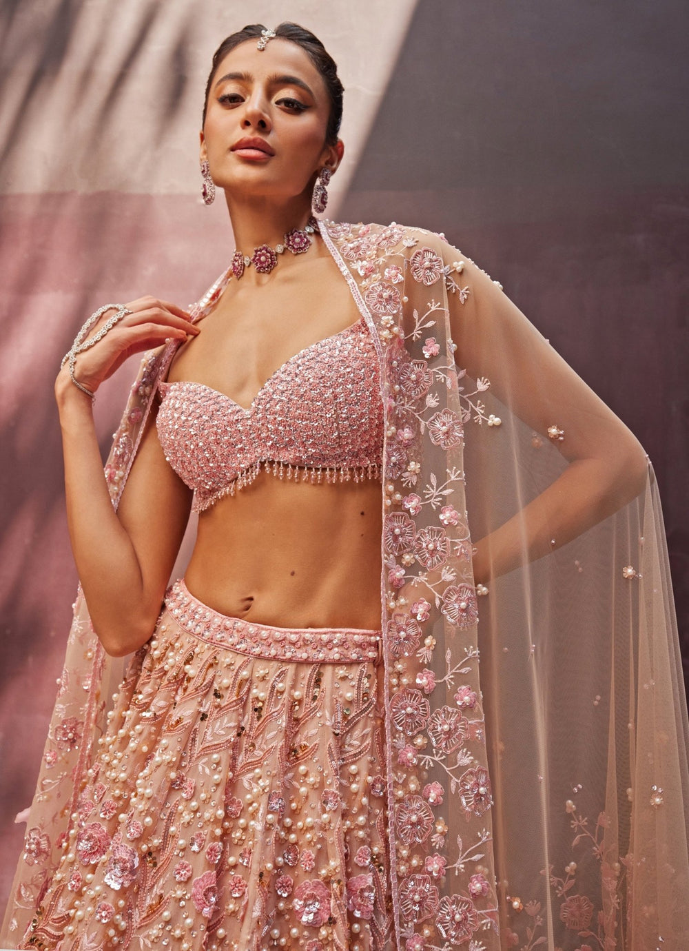 Blush Pink Embroidered Organza Lehenga Set Prevasu - Fabilicious Fashion
