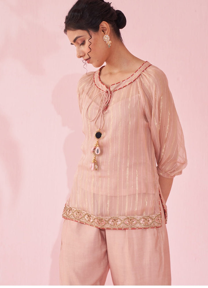 Blush Pink Embroidered Organza Shirt Pants Set Studio Bagechaa - Fabilicious Fashion