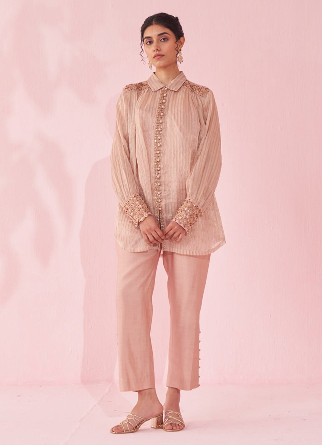 Blush Pink Embroidered Organza Shirt Pants Set Studio Bagechaa - Fabilicious Fashion