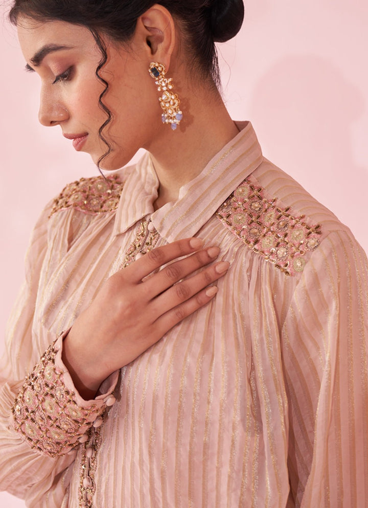 Blush Pink Embroidered Organza Shirt Pants Set Studio Bagechaa - Fabilicious Fashion