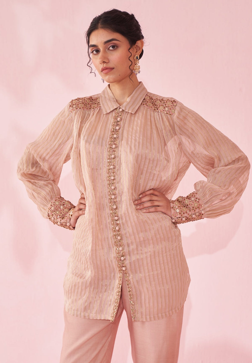 Blush Pink Embroidered Organza Shirt Pants Set Studio Bagechaa - Fabilicious Fashion