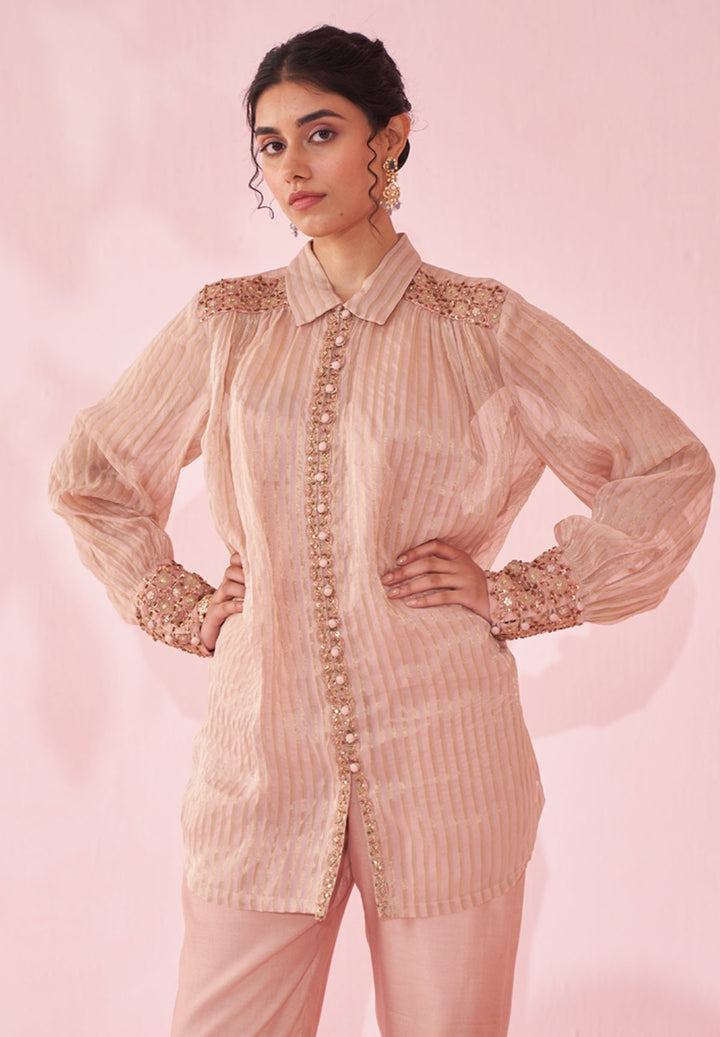 Blush Pink Embroidered Organza Shirt Pants Set Studio Bagechaa - Fabilicious Fashion