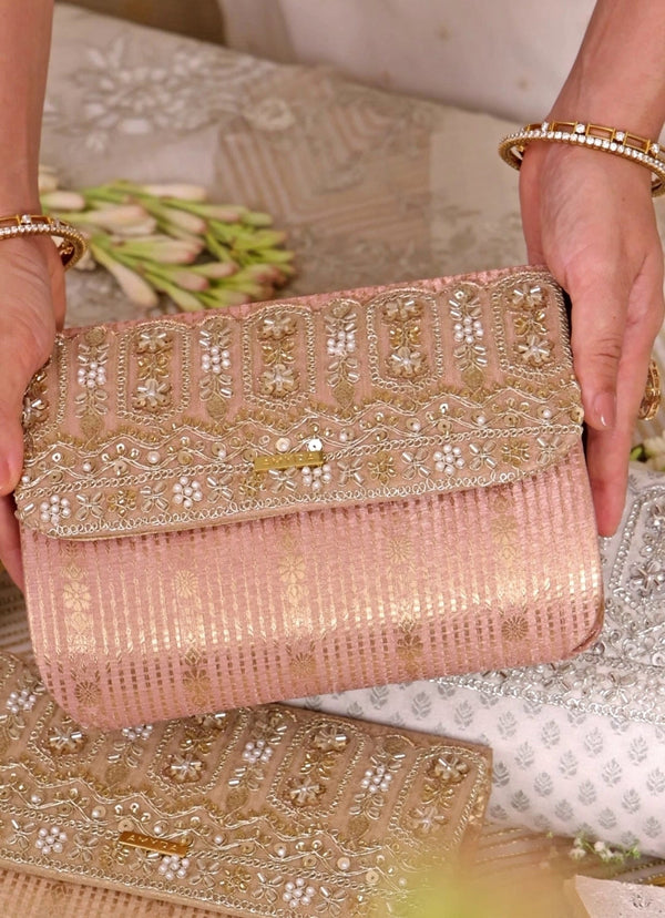 Blush Pink Embroidered Organza Silk Flapover Bag