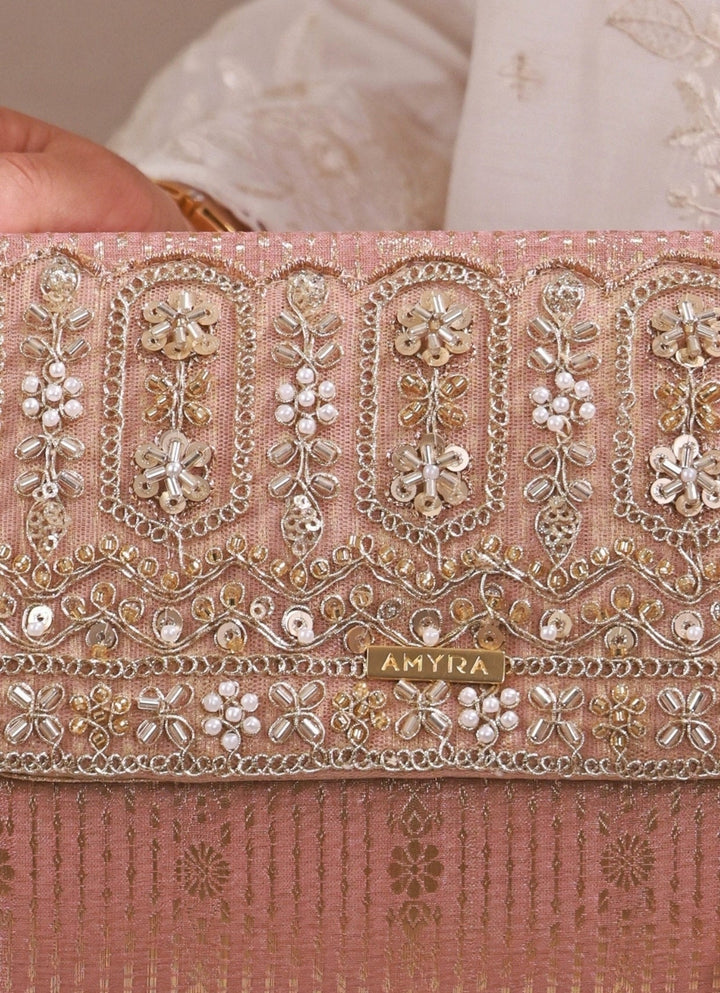 Amyra Blush Pink Embroidered Organza Silk Flapover BagFabilicious Fashion