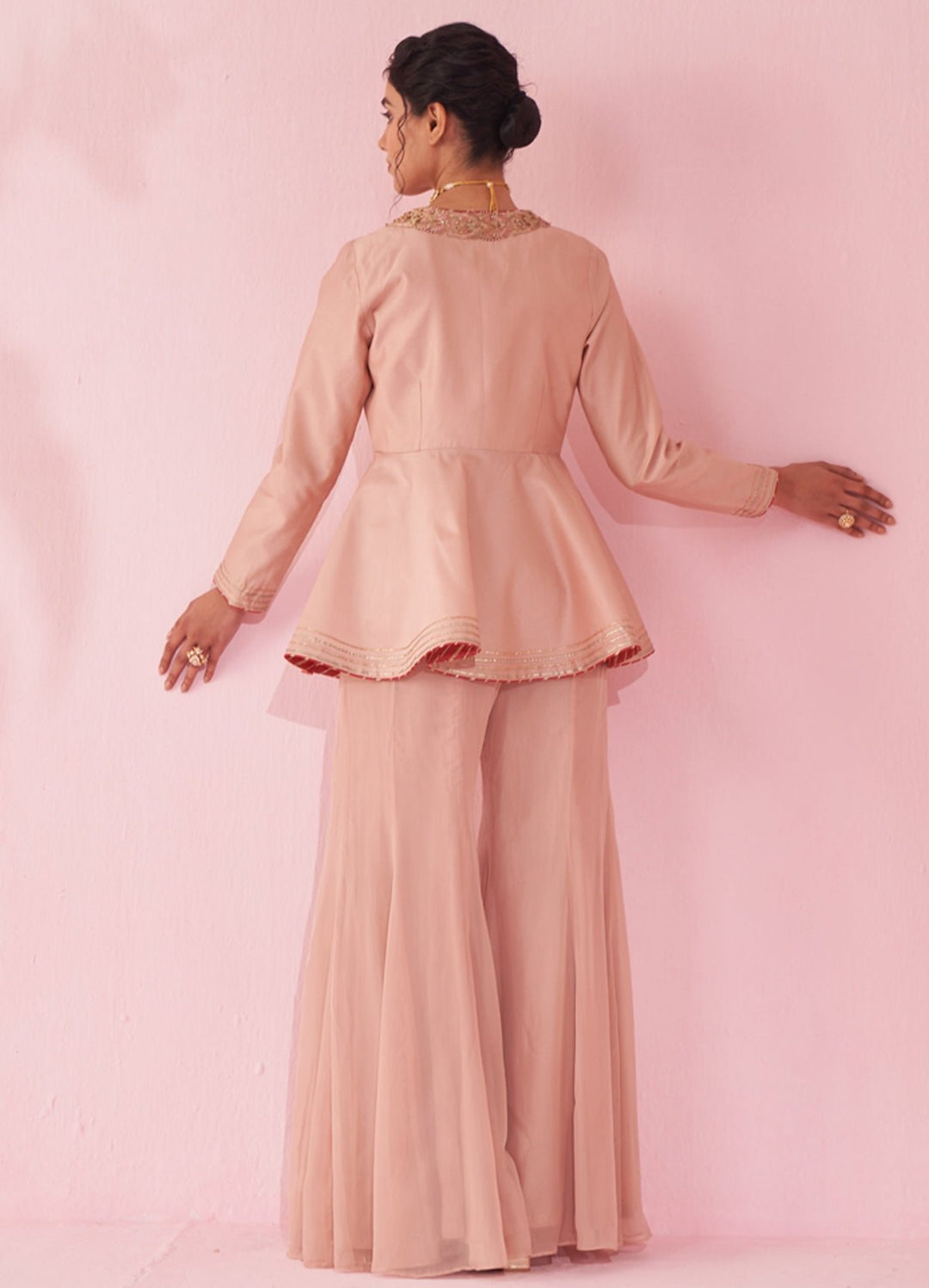Blush Pink Embroidered Peplum Kurta With Sharara Set Studio Bagechaa - Fabilicious Fashion