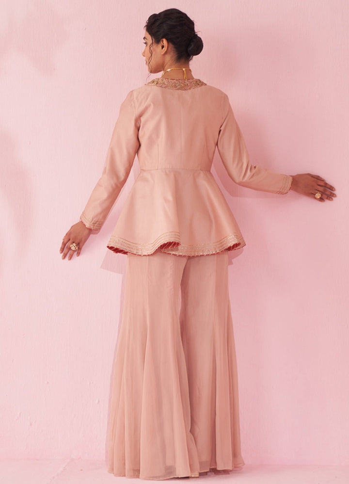 Blush Pink Embroidered Peplum Kurta With Sharara Set Studio Bagechaa - Fabilicious Fashion