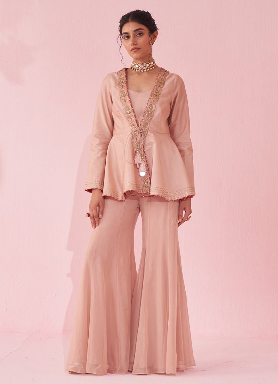 Blush Pink Embroidered Peplum Kurta With Sharara Set Studio Bagechaa - Fabilicious Fashion