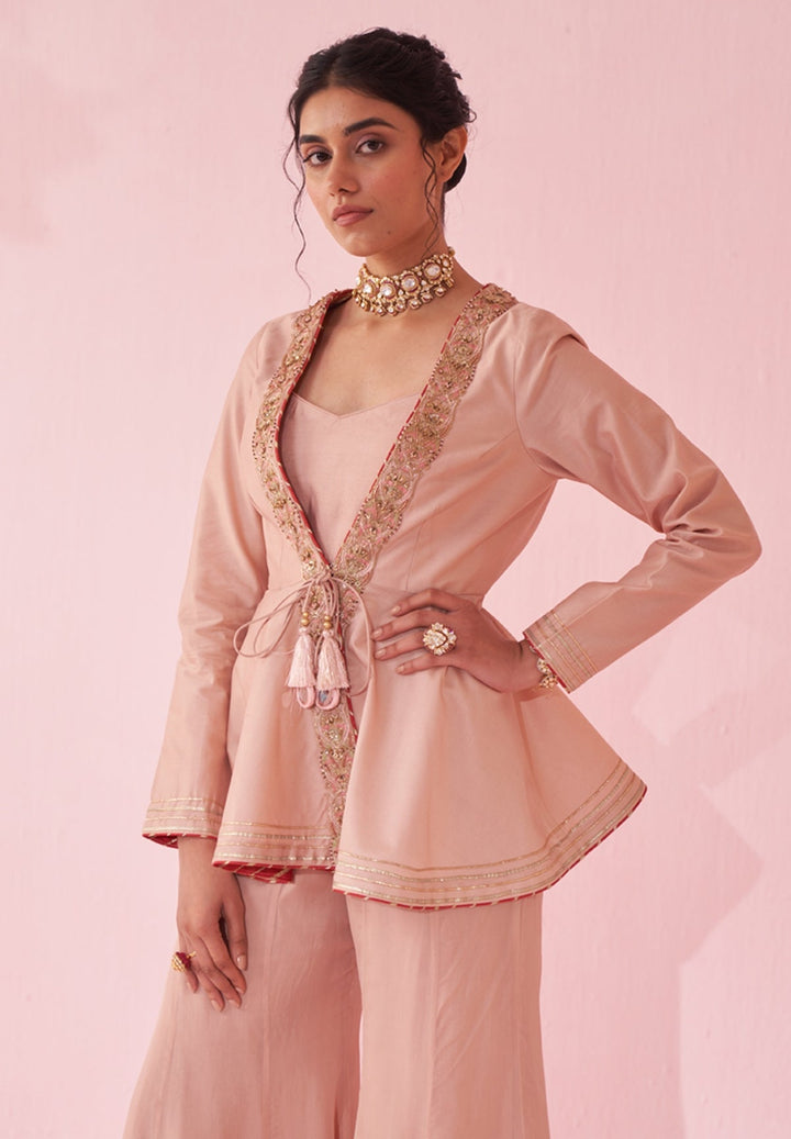Blush Pink Embroidered Peplum Kurta With Sharara Set Studio Bagechaa - Fabilicious Fashion