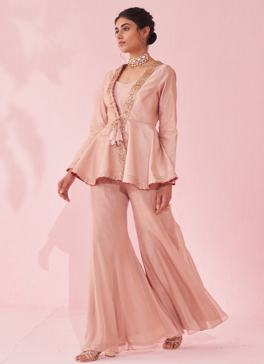Blush Pink Embroidered Peplum Kurta With Sharara Set Studio Bagechaa - Fabilicious Fashion
