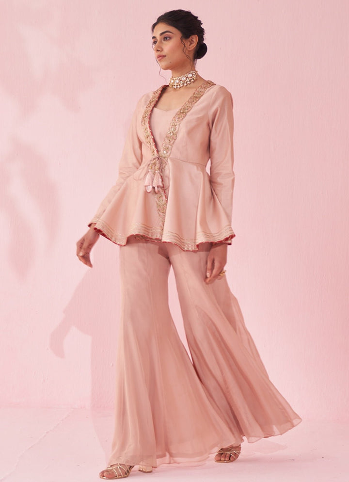 Blush Pink Embroidered Peplum Kurta With Sharara Set Studio Bagechaa - Fabilicious Fashion