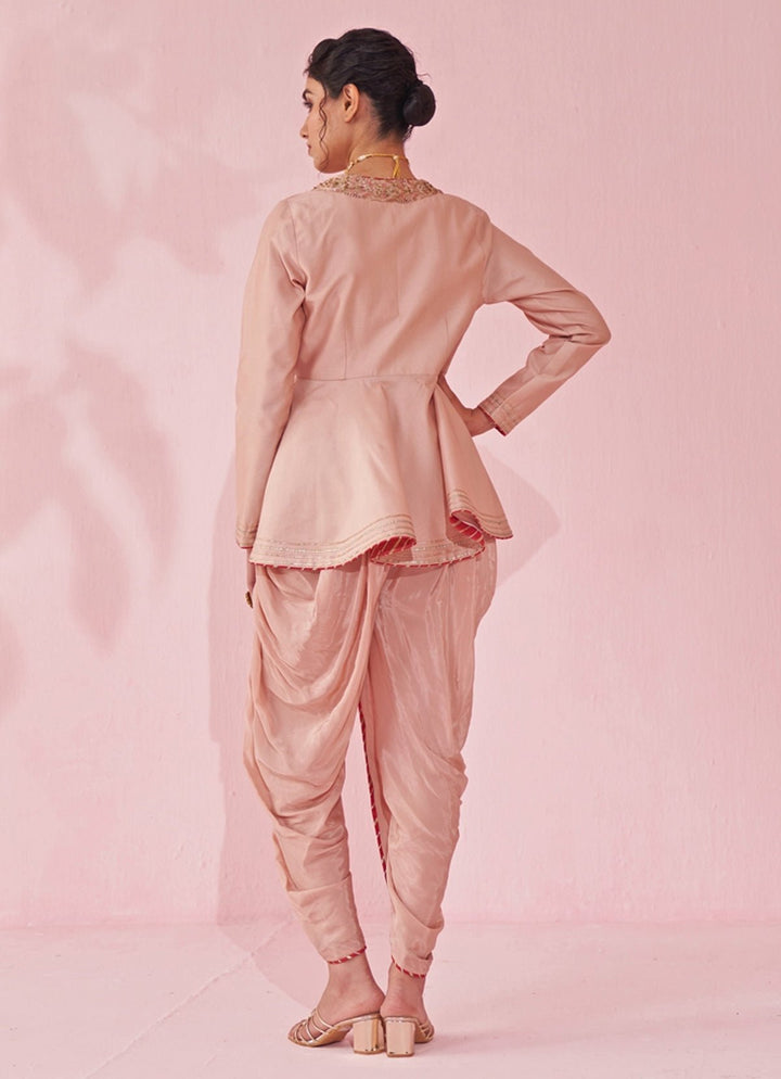 Blush Pink Embroidered Peplum Kurta With Tulip Pants Set Studio Bagechaa - Fabilicious Fashion