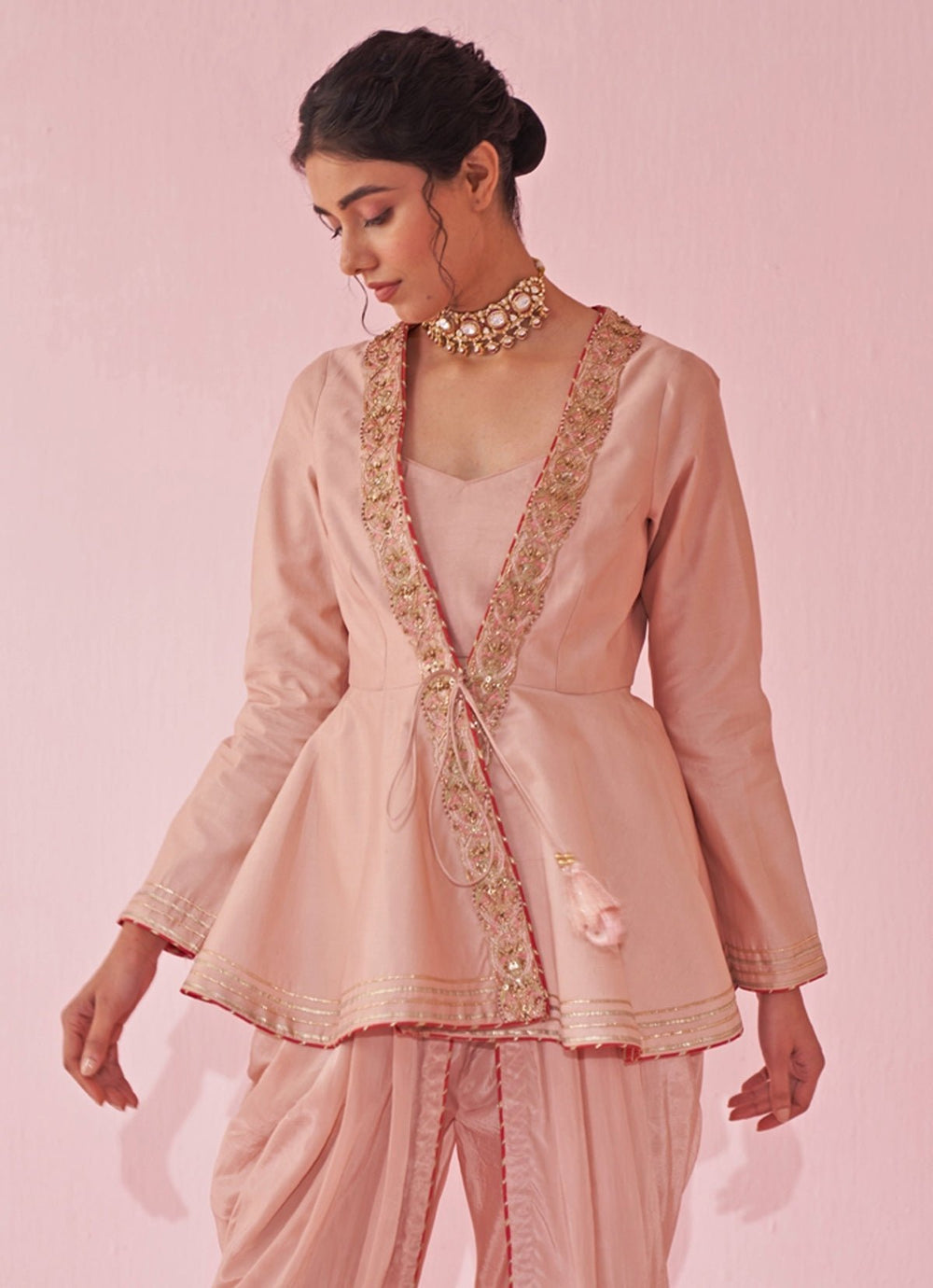Blush Pink Embroidered Peplum Kurta With Tulip Pants Set Studio Bagechaa - Fabilicious Fashion
