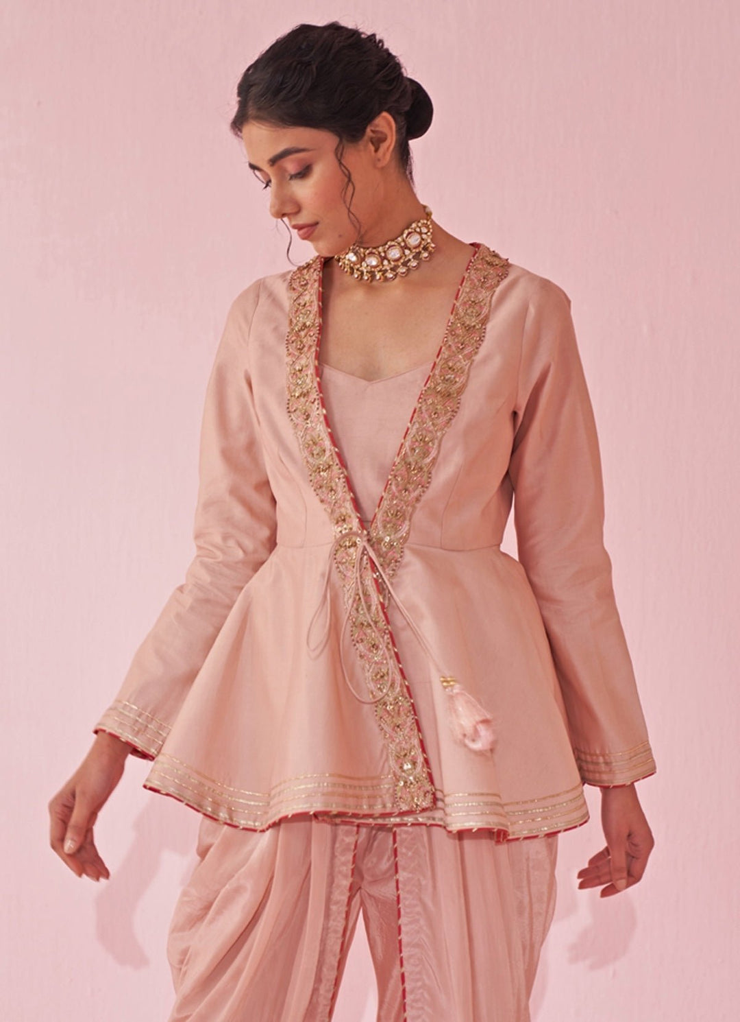 Blush Pink Embroidered Peplum Kurta With Tulip Pants Set Studio Bagechaa - Fabilicious Fashion