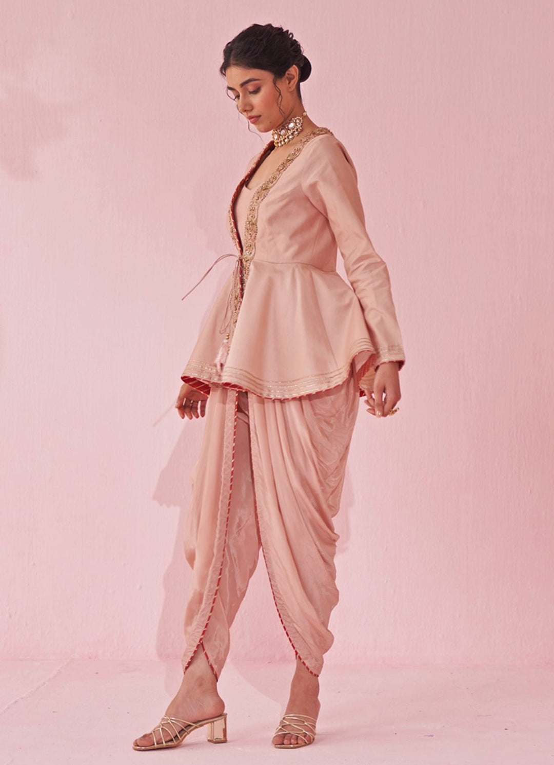 Blush Pink Embroidered Peplum Kurta With Tulip Pants Set Studio Bagechaa - Fabilicious Fashion