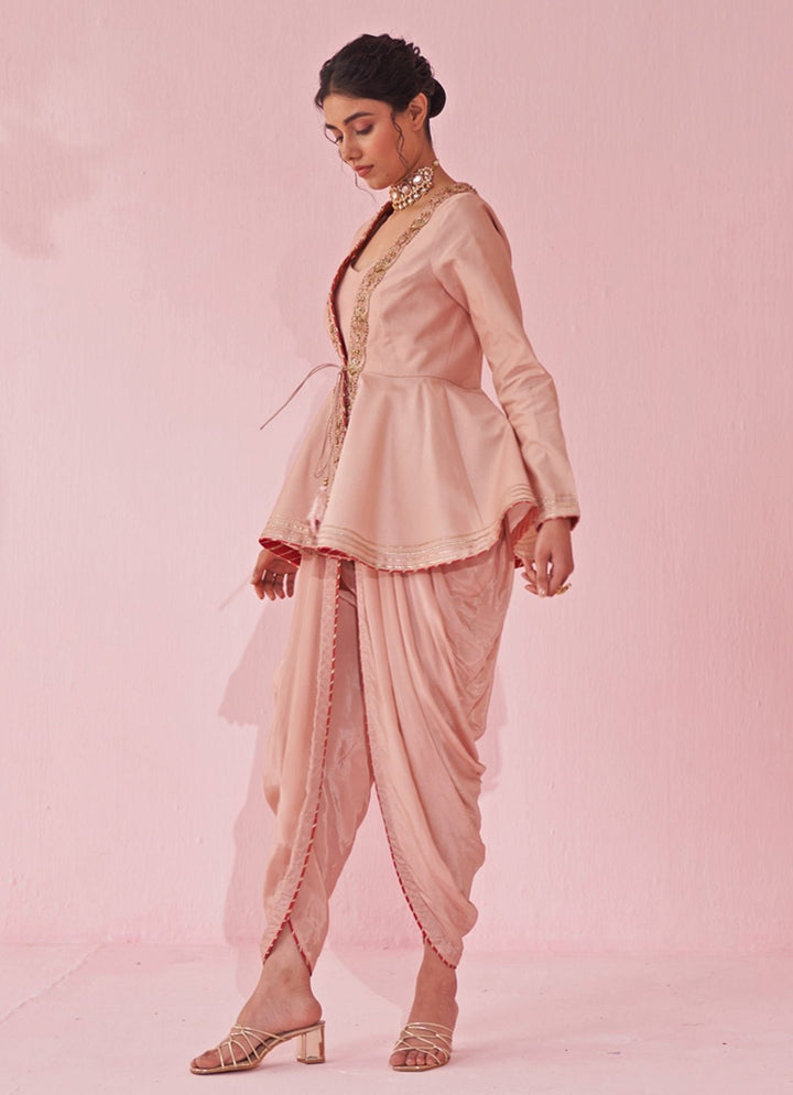Blush Pink Embroidered Peplum Kurta With Tulip Pants Set Studio Bagechaa - Fabilicious Fashion