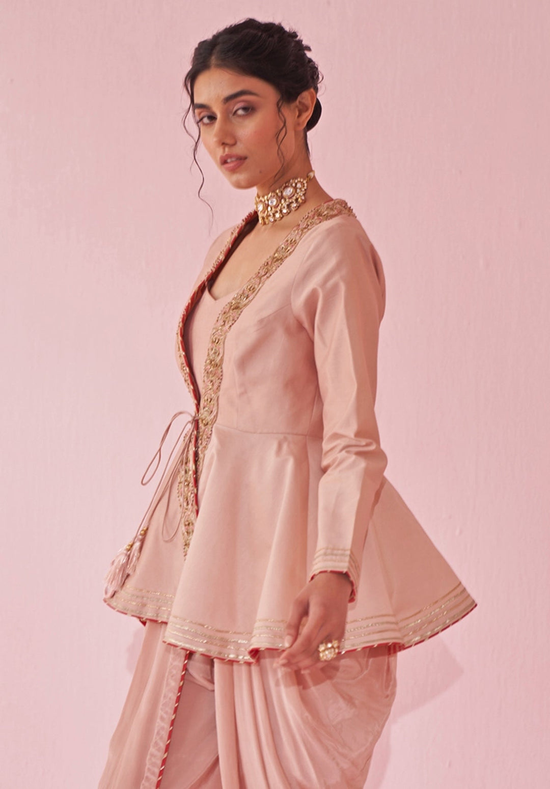 Blush Pink Embroidered Peplum Kurta With Tulip Pants Set Studio Bagechaa - Fabilicious Fashion