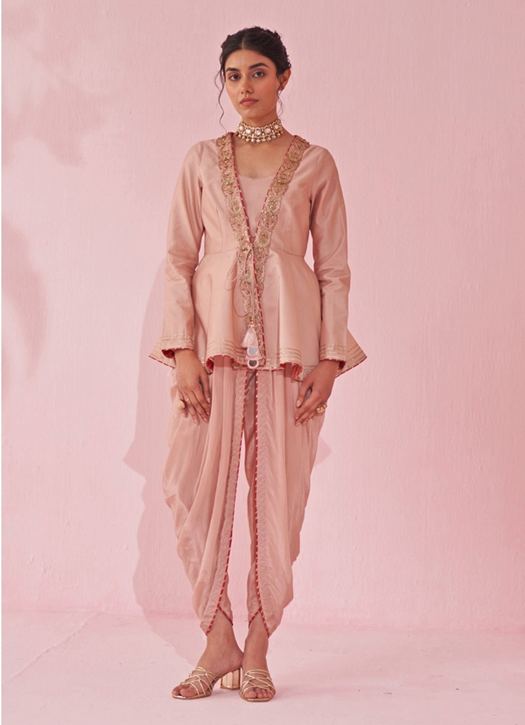 Blush Pink Embroidered Peplum Kurta With Tulip Pants Set Studio Bagechaa - Fabilicious Fashion