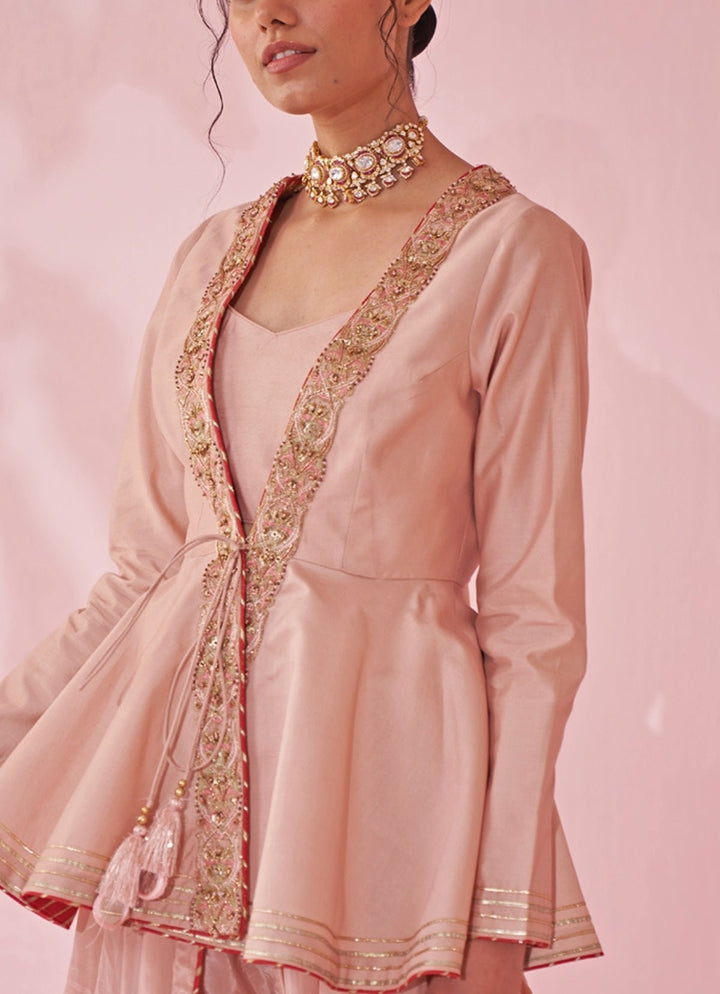 Blush Pink Embroidered Peplum Kurta With Tulip Pants Set Studio Bagechaa - Fabilicious Fashion