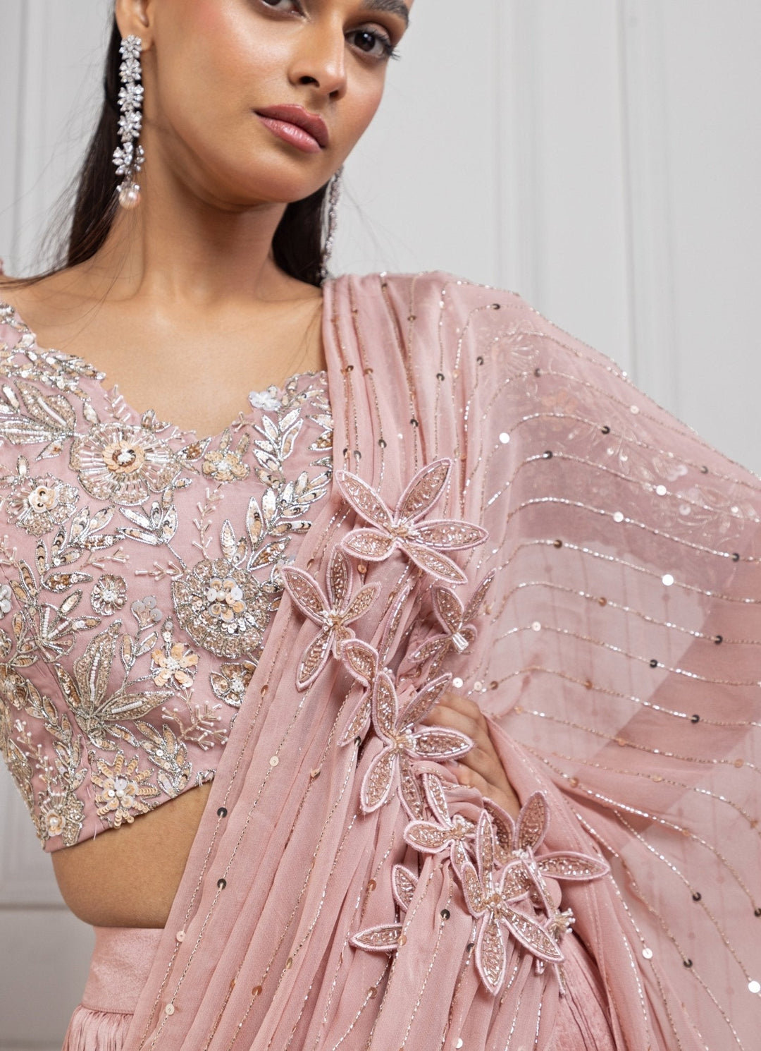 Blush Pink Embroidered Pre Draped Saree Smriti - Fabilicious Fashion