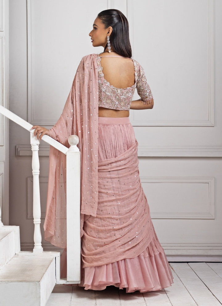 Blush Pink Embroidered Pre Draped Saree Smriti - Fabilicious Fashion