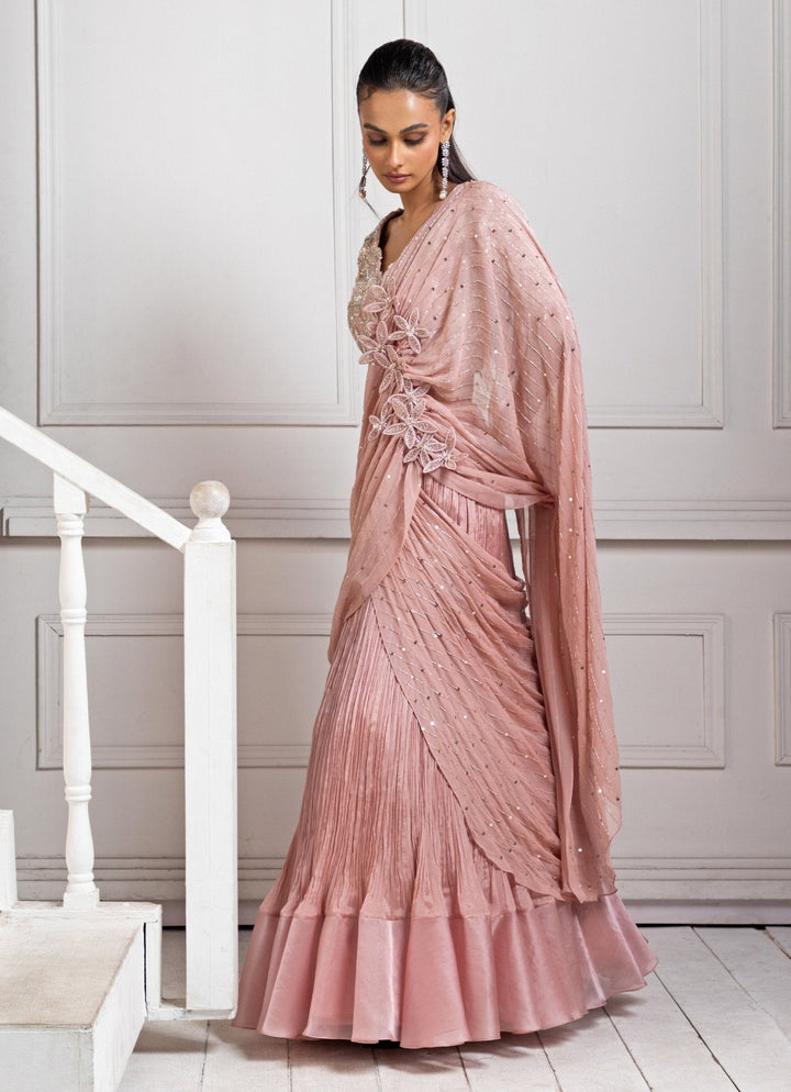 Blush Pink Embroidered Pre Draped Saree Smriti - Fabilicious Fashion