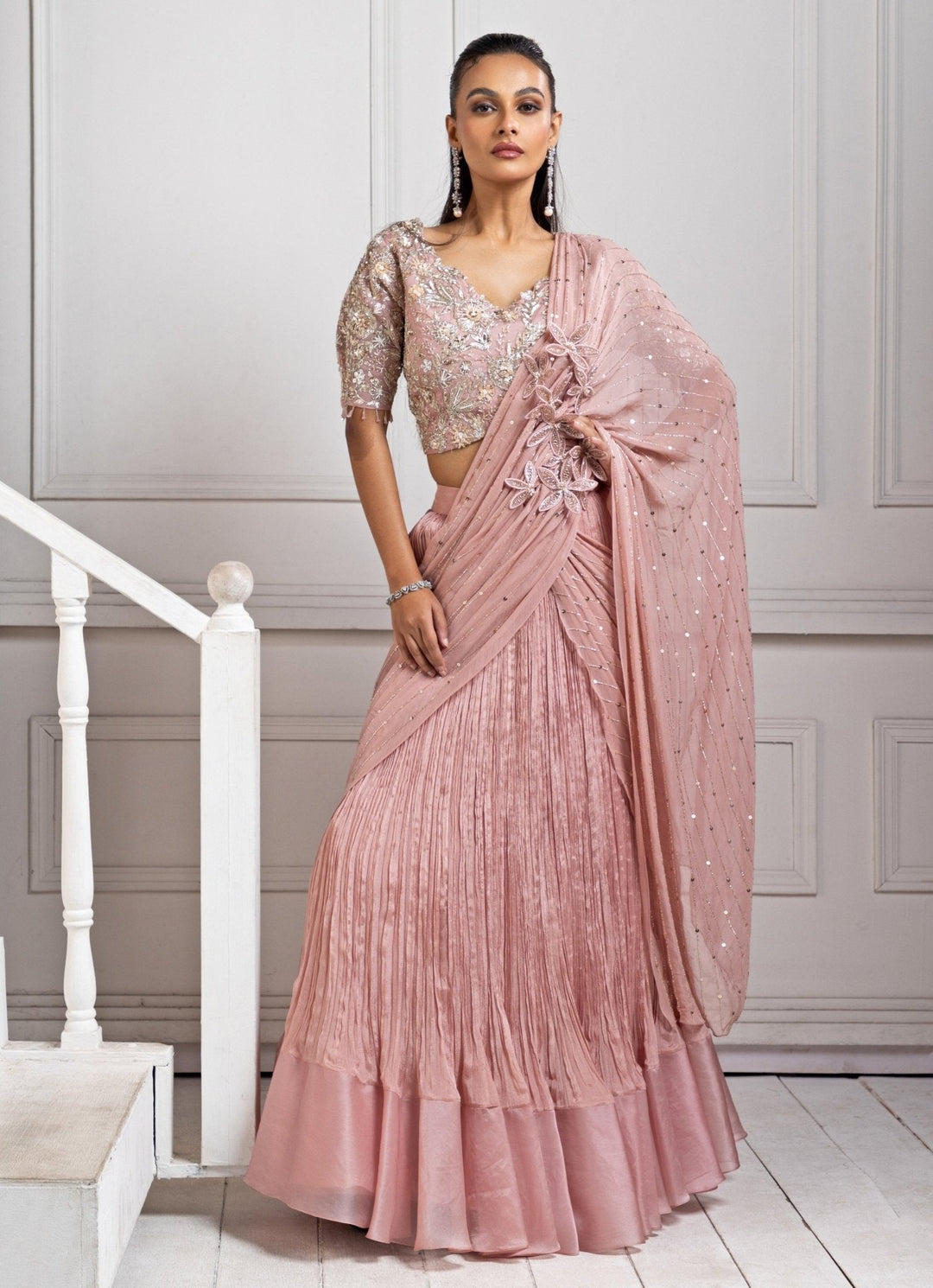 Blush Pink Embroidered Pre Draped Saree Smriti - Fabilicious Fashion