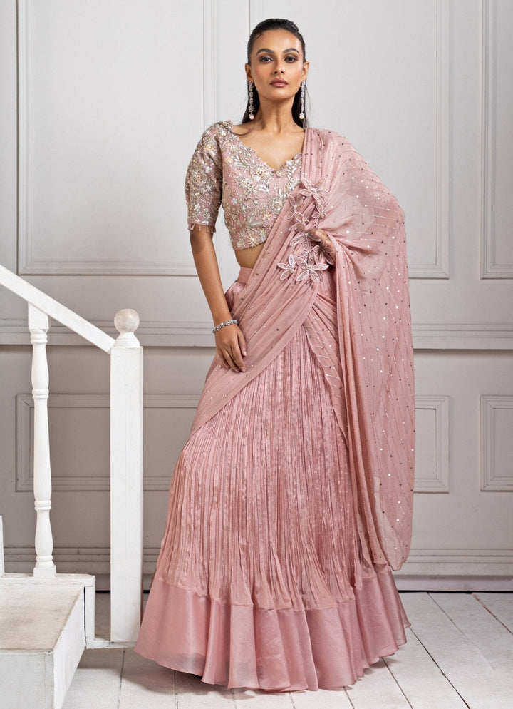 Blush Pink Embroidered Pre Draped Saree Smriti - Fabilicious Fashion