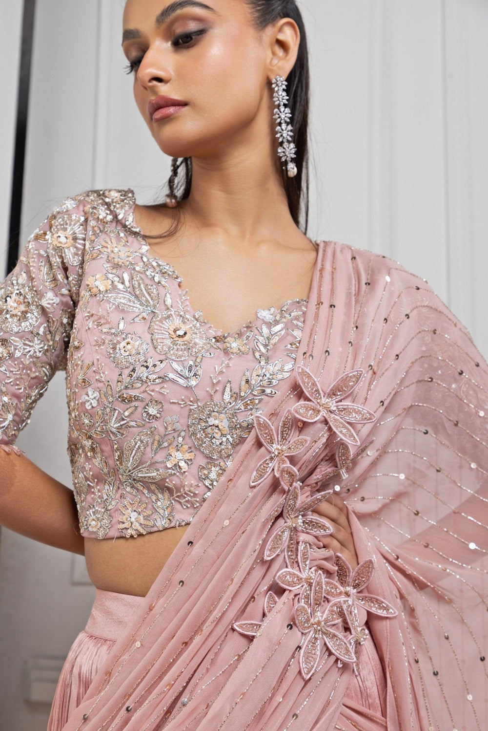 Blush Pink Embroidered Pre Draped Saree Smriti - Fabilicious Fashion
