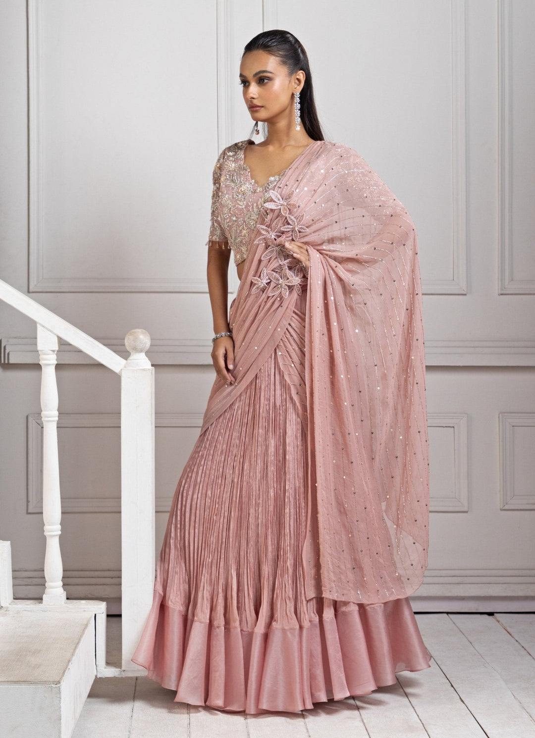 Blush Pink Embroidered Pre Draped Saree Smriti - Fabilicious Fashion