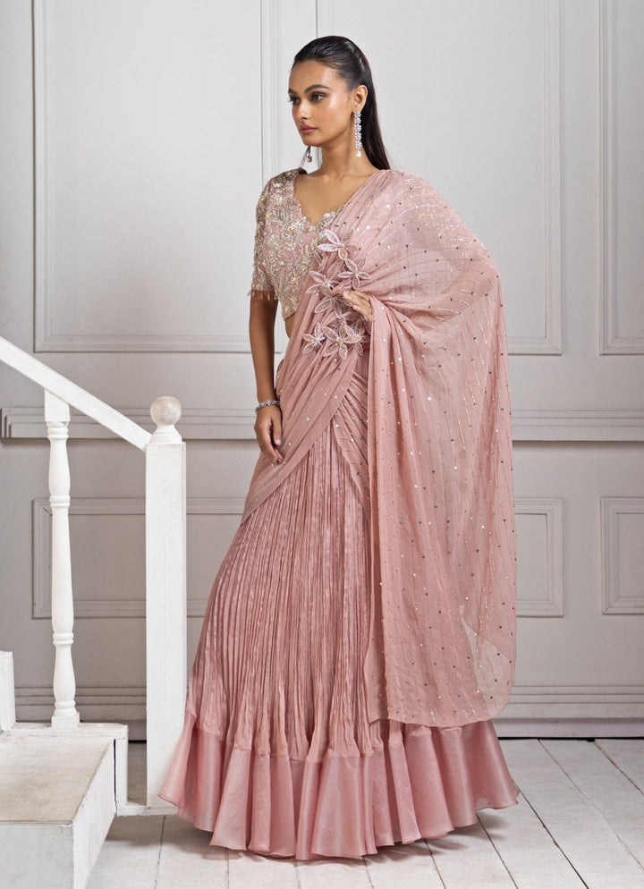 Blush Pink Embroidered Pre Draped Saree Smriti - Fabilicious Fashion