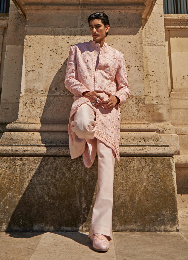 Blush Pink Embroidered Silk Sherwani Set Jigar and Nikita - Fabilicious Fashion