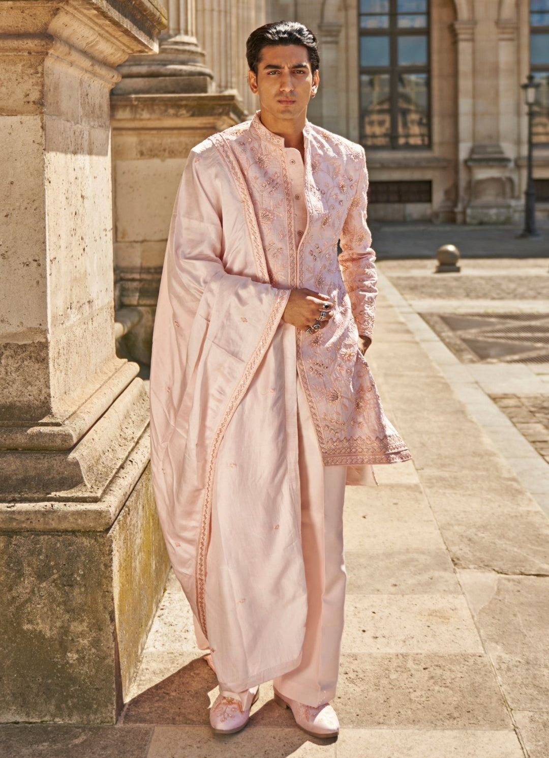 Blush Pink Embroidered Silk Sherwani Set Jigar and Nikita - Fabilicious Fashion