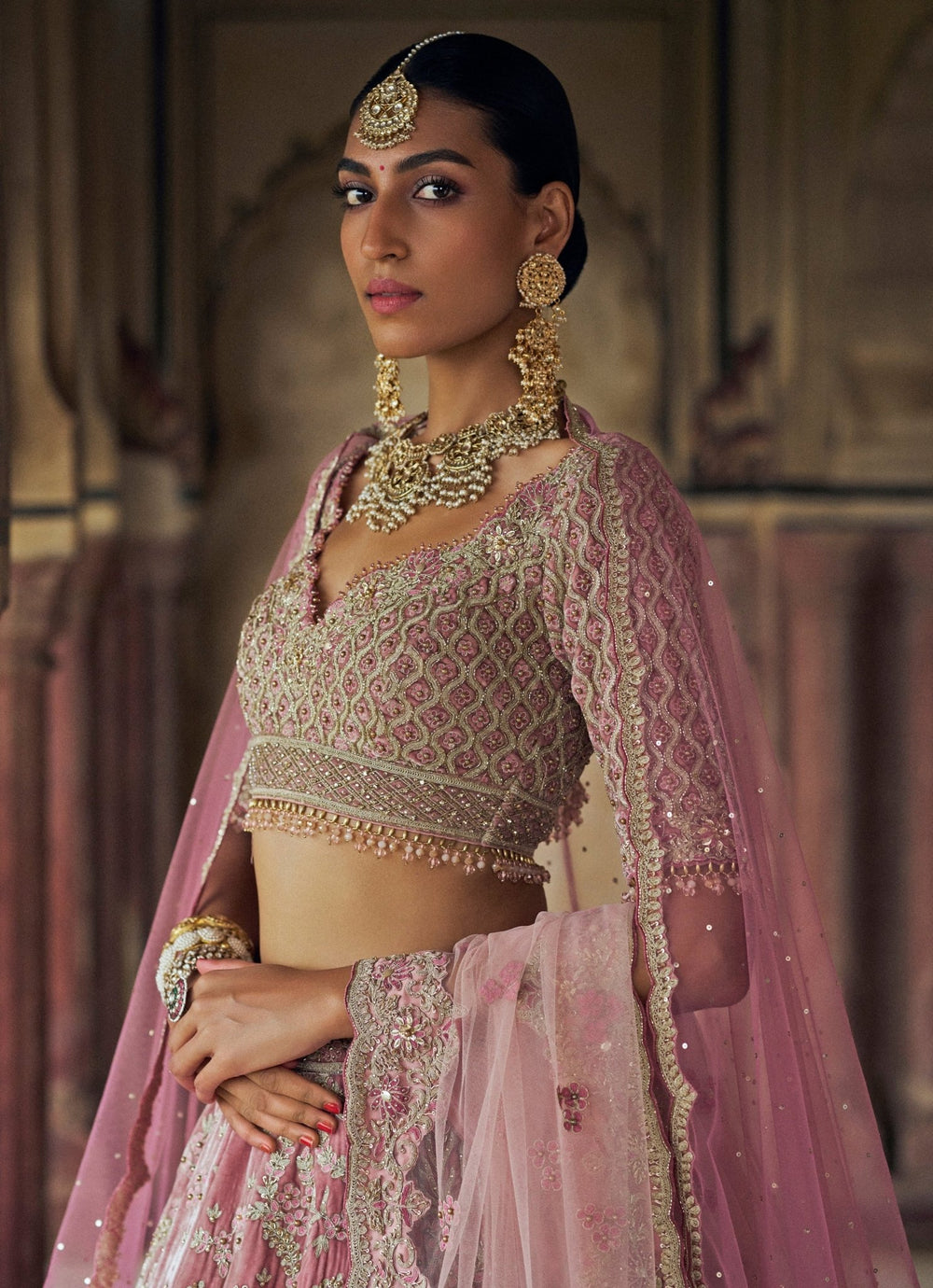 Blush Pink Embroidered Velvet Lehenga Set Nitika Gujral - Fabilicious Fashion