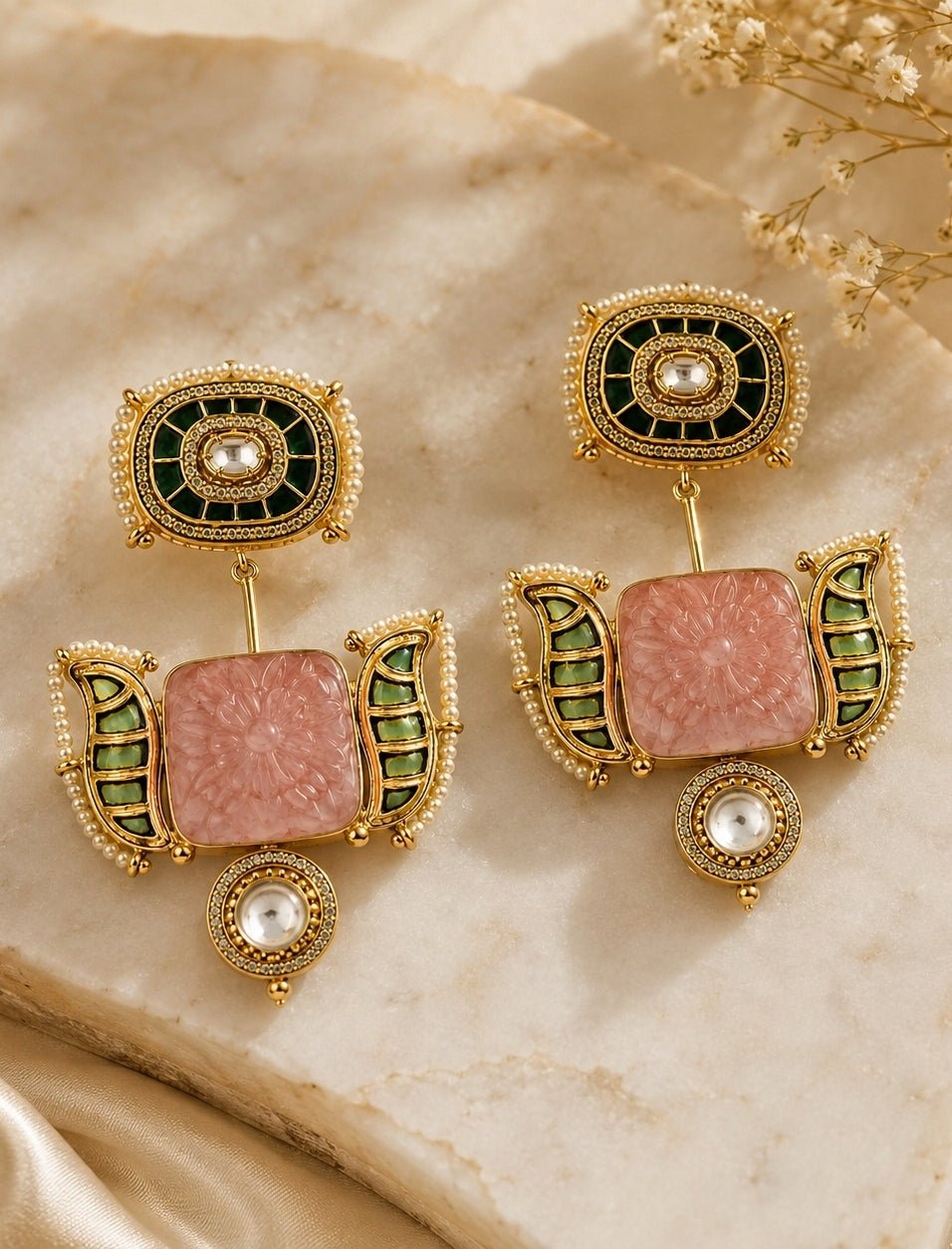 Vivinia By Vidhi Mehra Blush Pink & Emerald Green Statement EarringsFabilicious Fashion