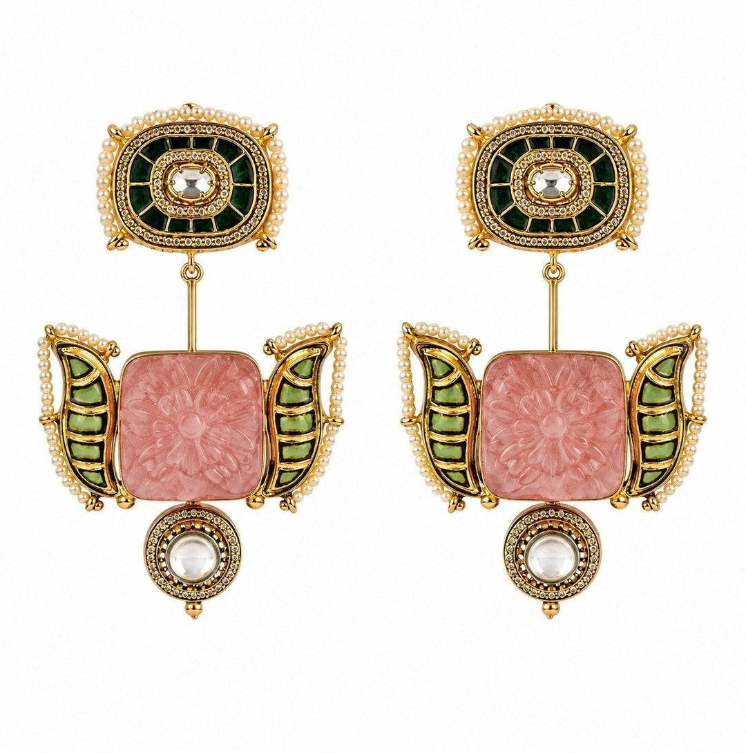 Vivinia By Vidhi Mehra Blush Pink &amp; Emerald Green Statement EarringsFabilicious Fashion
