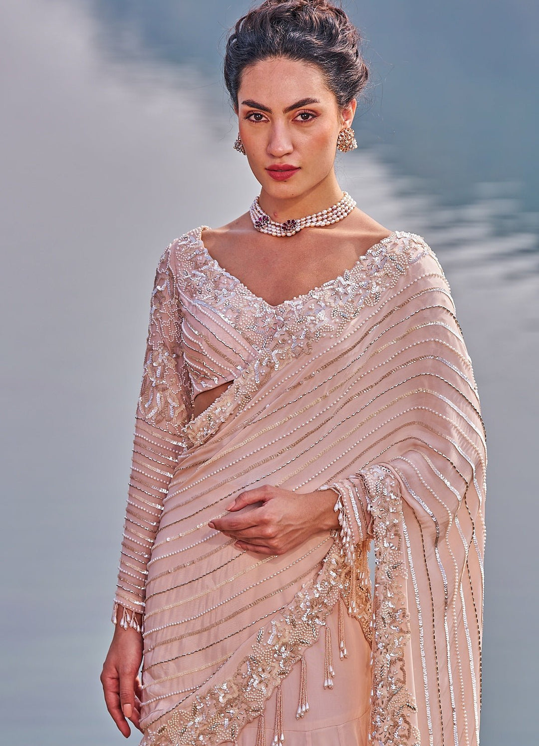 Blush Pink Fish Cut Sequinned Saree Nidhika Shekhar - Fabilicious Fashion