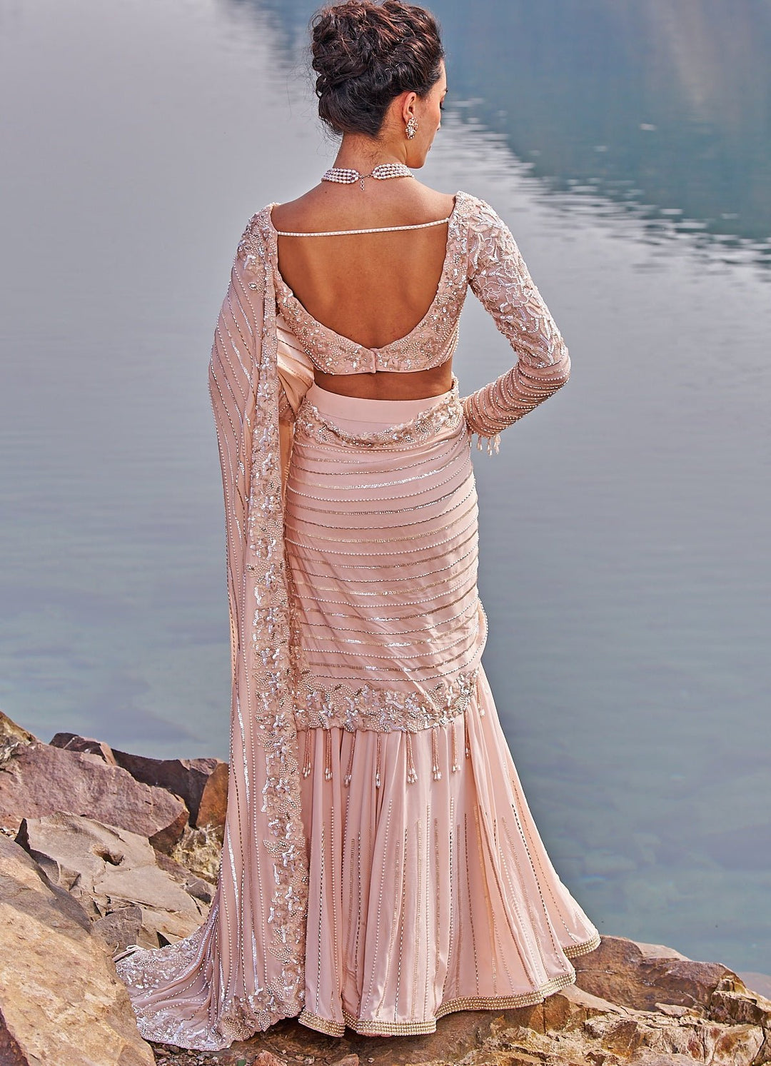 Blush Pink Fish Cut Sequinned Saree Nidhika Shekhar - Fabilicious Fashion