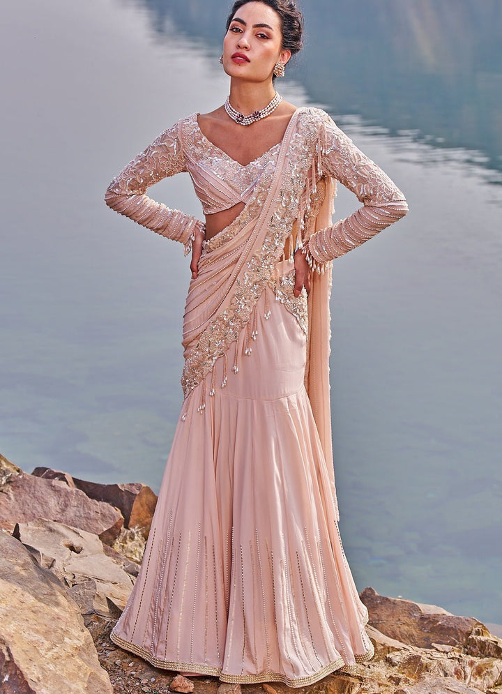 Blush Pink Fish Cut Sequinned Saree Nidhika Shekhar - Fabilicious Fashion