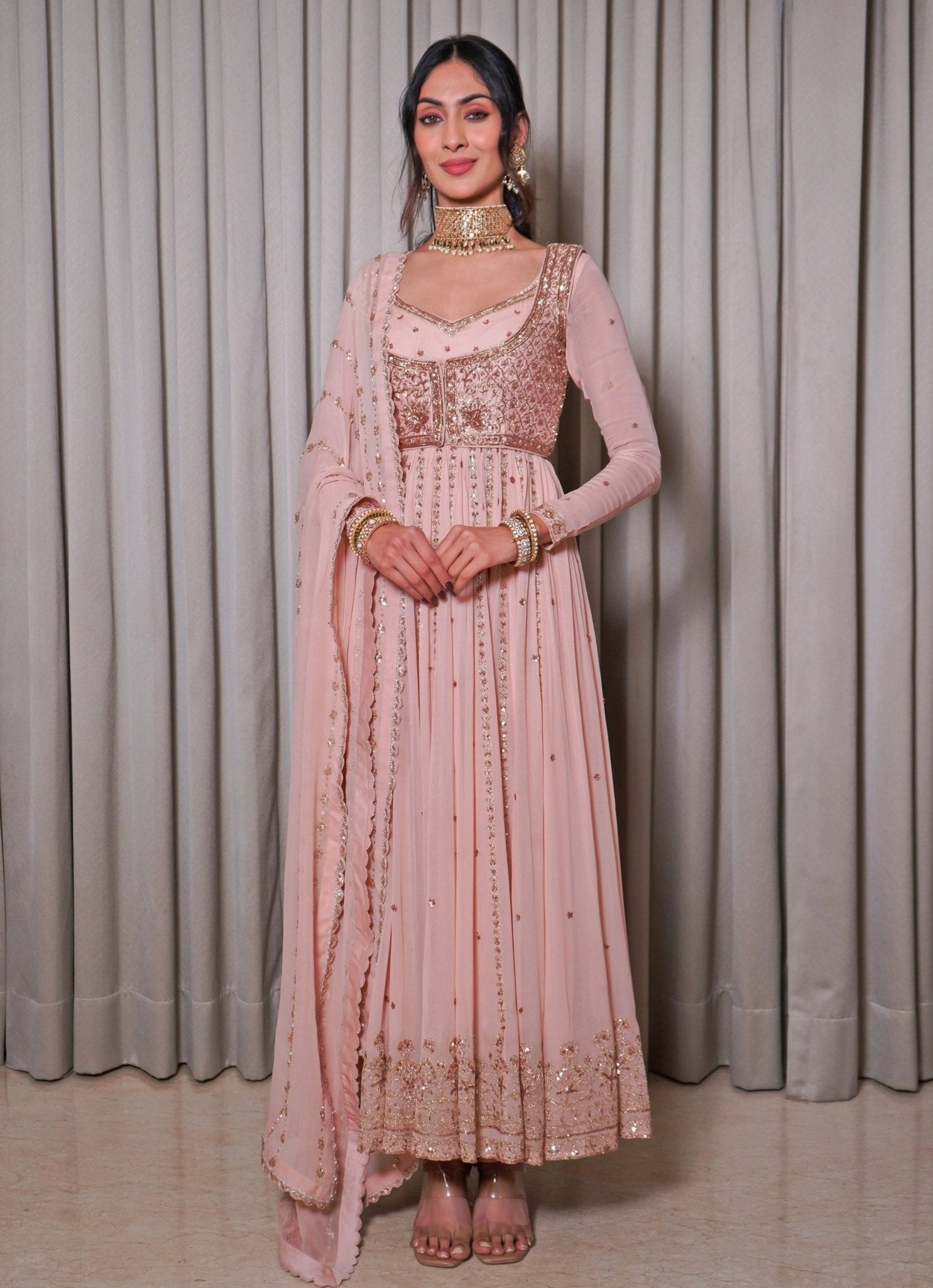 blush pink georgette anarkali for nikaah wedding guest outfit