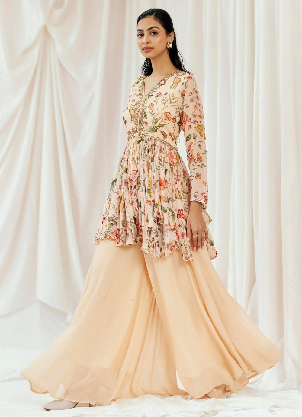 Blush Pink Georgette Peplum Kurta Sharara Set Redpine - Fabilicious Fashion