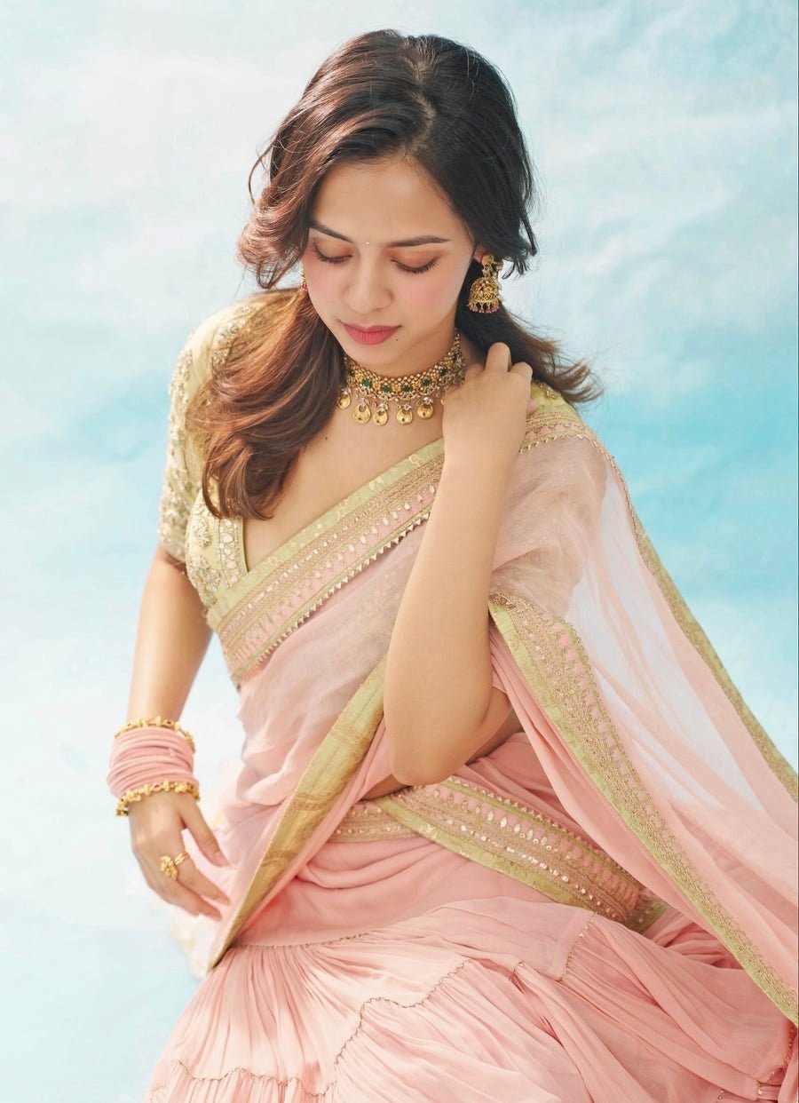 Gopi Vaid Blush Pink Georgette Pre-Draped Saree SetFabilicious Fashion
