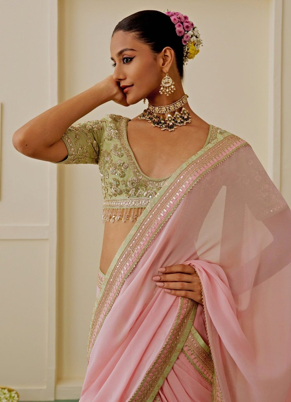 Gopi Vaid Blush Pink Georgette Pre-Draped Saree SetFabilicious Fashion
