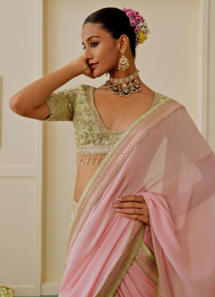 Gopi Vaid Blush Pink Georgette Pre-Draped Saree SetFabilicious Fashion