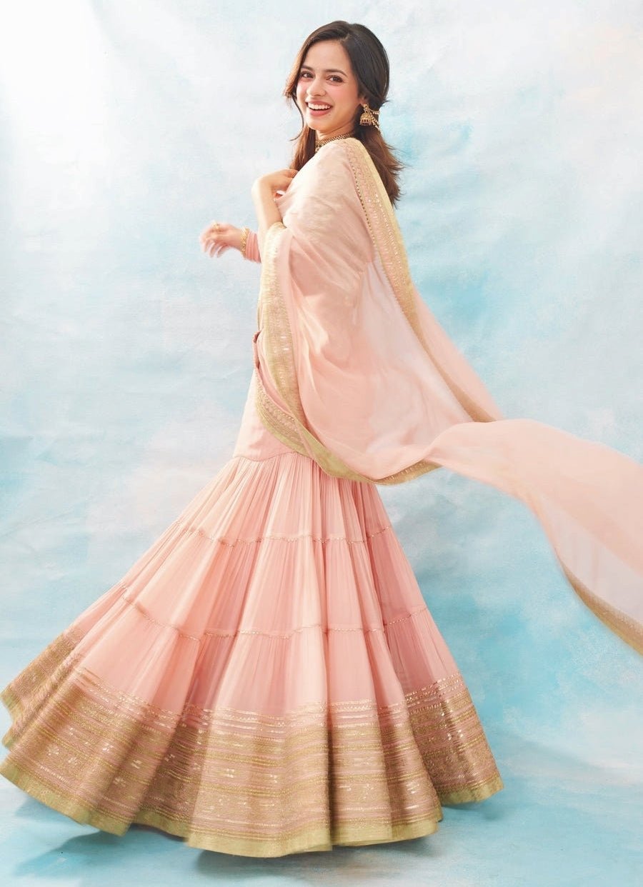 Gopi Vaid Blush Pink Georgette Pre-Draped Saree SetFabilicious Fashion