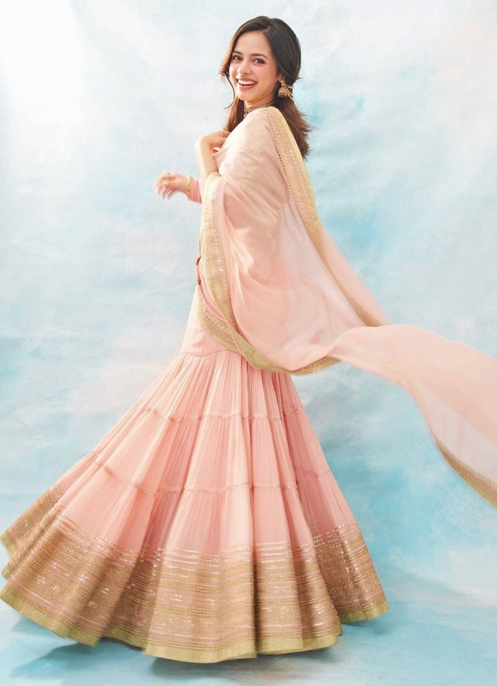 Gopi Vaid Blush Pink Georgette Pre-Draped Saree SetFabilicious Fashion