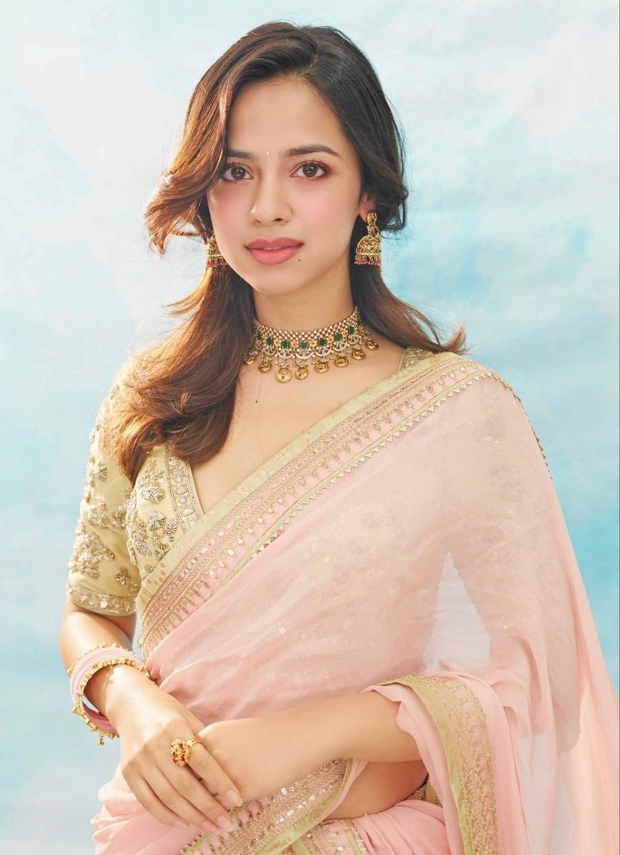 Gopi Vaid Blush Pink Georgette Pre-Draped Saree SetFabilicious Fashion