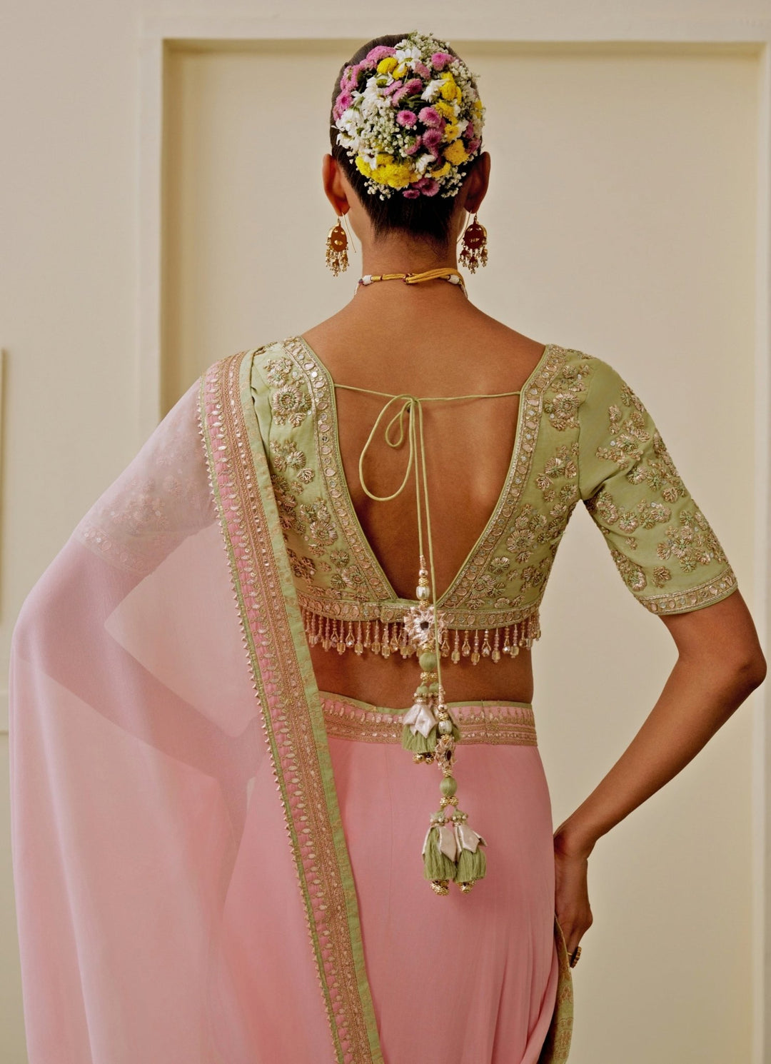 Gopi Vaid Blush Pink Georgette Pre-Draped Saree SetFabilicious Fashion