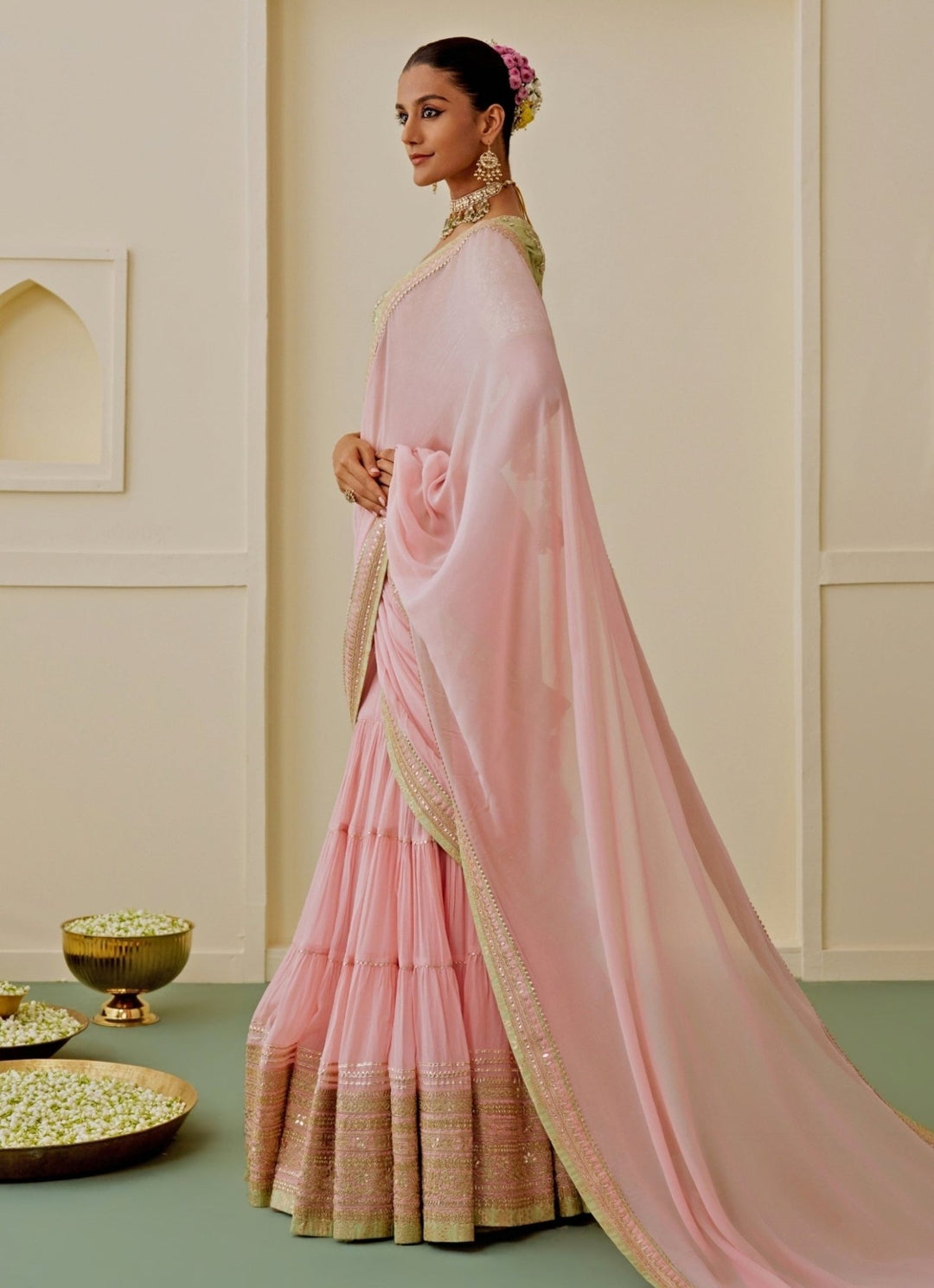 Gopi Vaid Blush Pink Georgette Pre-Draped Saree SetFabilicious Fashion